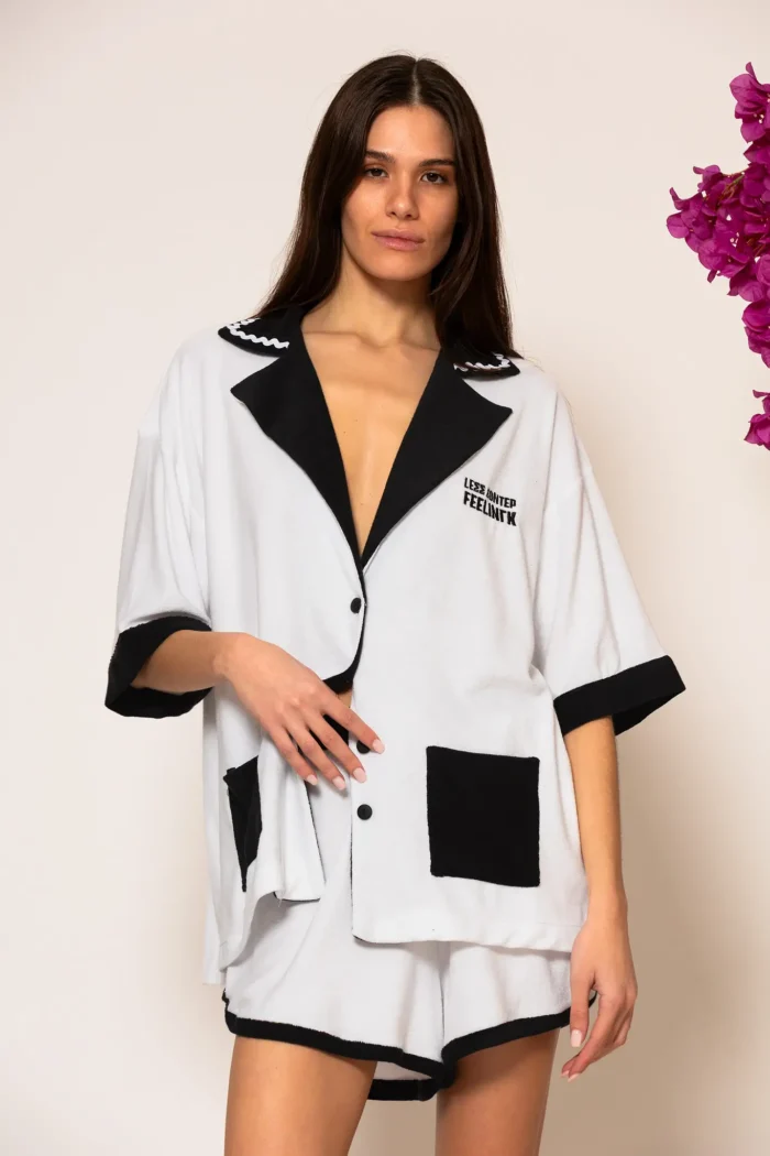 Black and white cotton-blend logo embroidered terry shirt