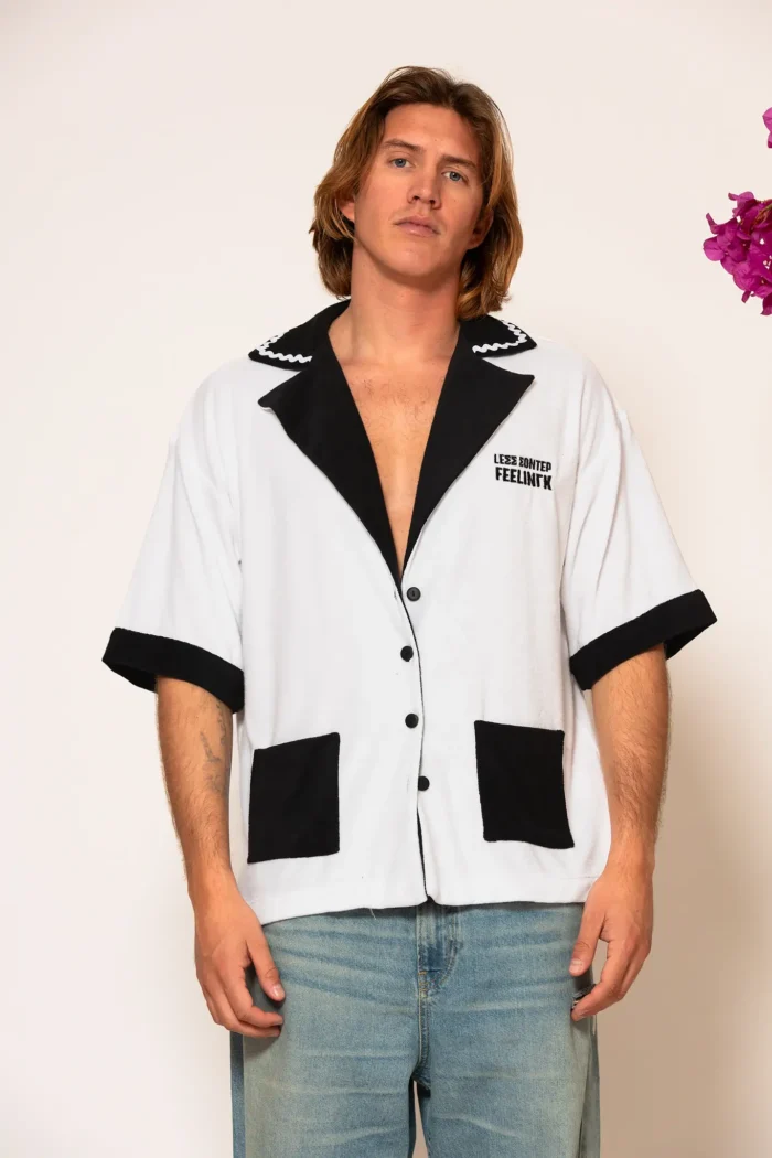 Black and white cotton-blend logo embroidered terry shirt