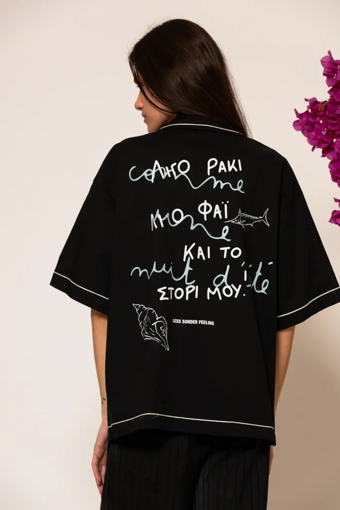 Black Oversized Logo Embroidered Illustration Shirt