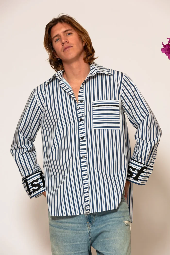 Less Sonder Feeling Blue Striped Poplin Shirt with Pockets and Logo print