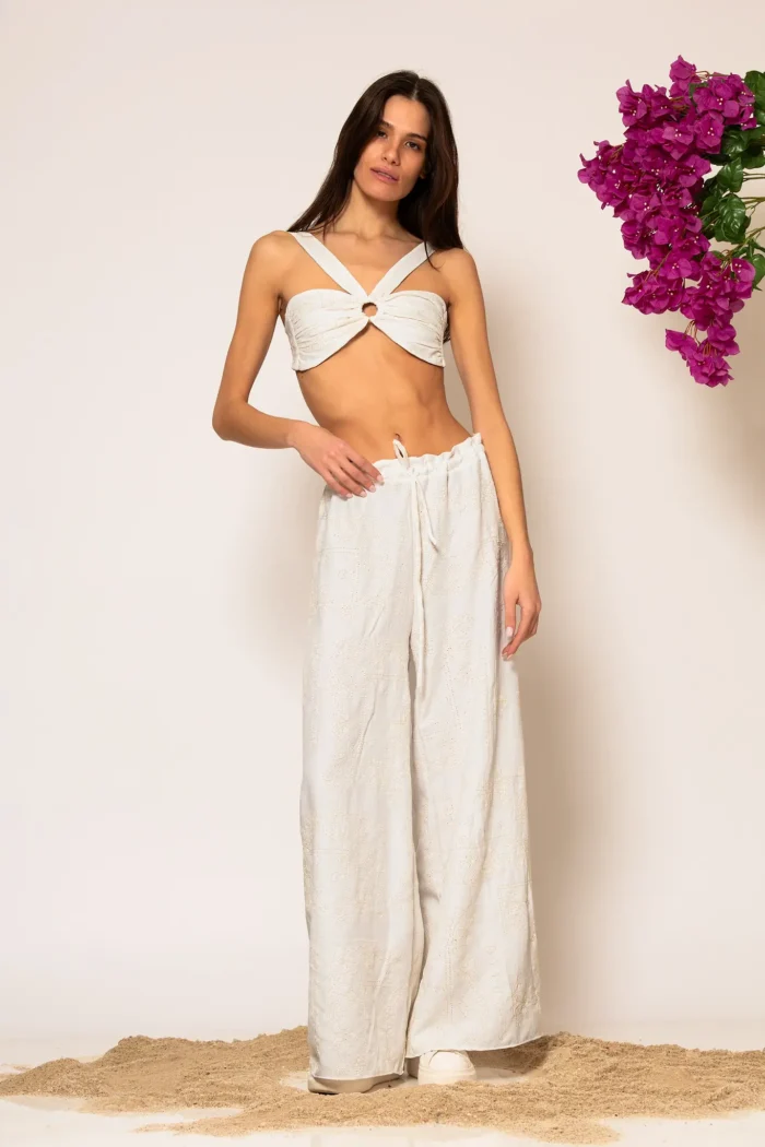 Less Sonder Feeling Embroidered Linen Wide leg Pants 2683017