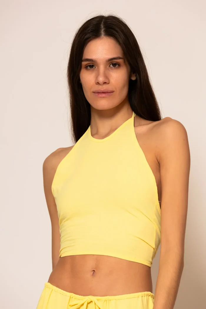 Less Sonder Feeling Crop Linen Halterneck Top in Yellow 2684006