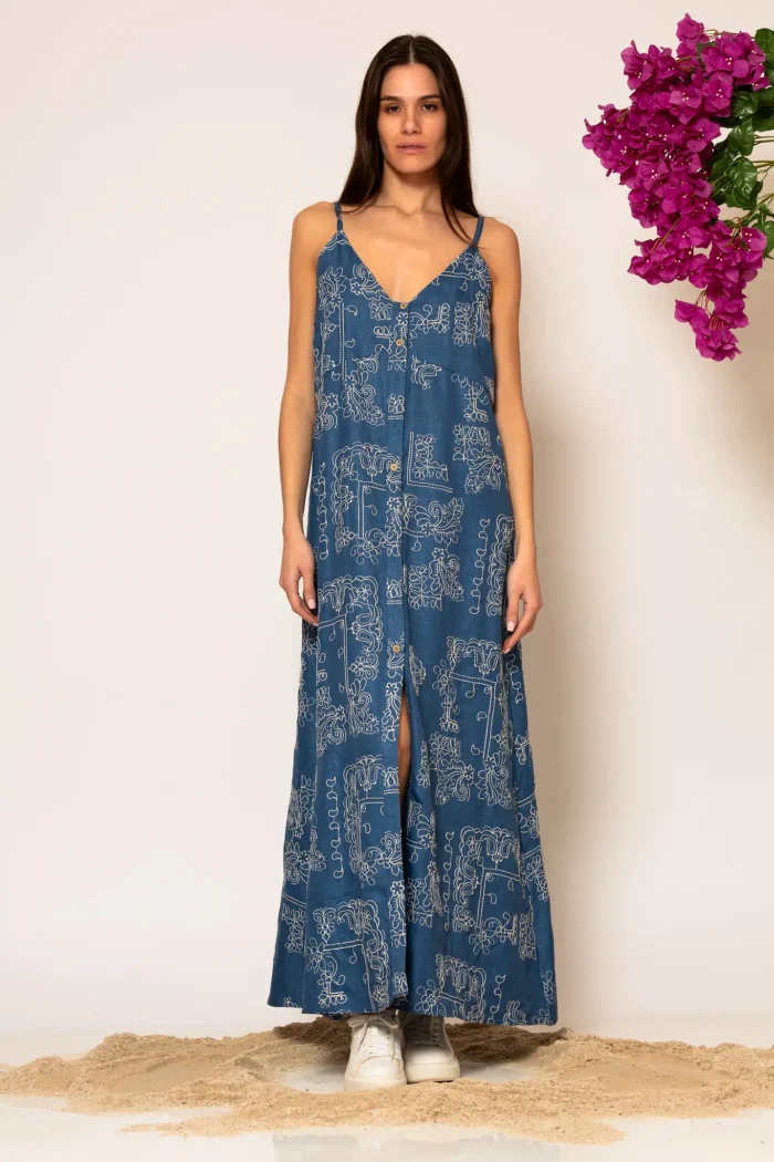 Less Sonder Feeling Embroidered Linen Maxi Camisole Tunic Dress in Blue 2685001