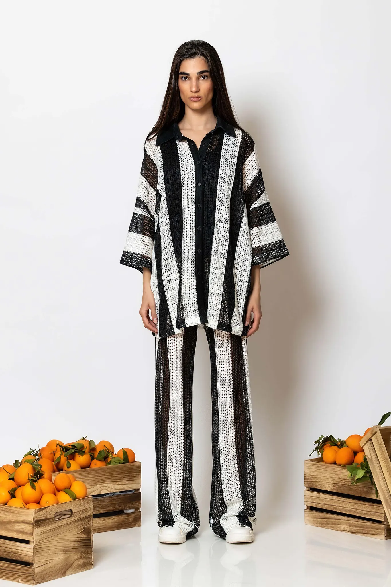 LSF-2583008-98 (1) Less Sonder Feeling Striped crochet knit pants 2583008