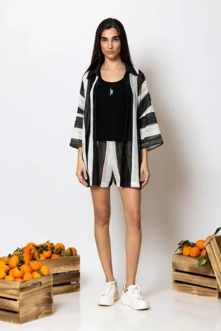 Less Sonder Feeling Striped crochet knit shorts in Black 2583009