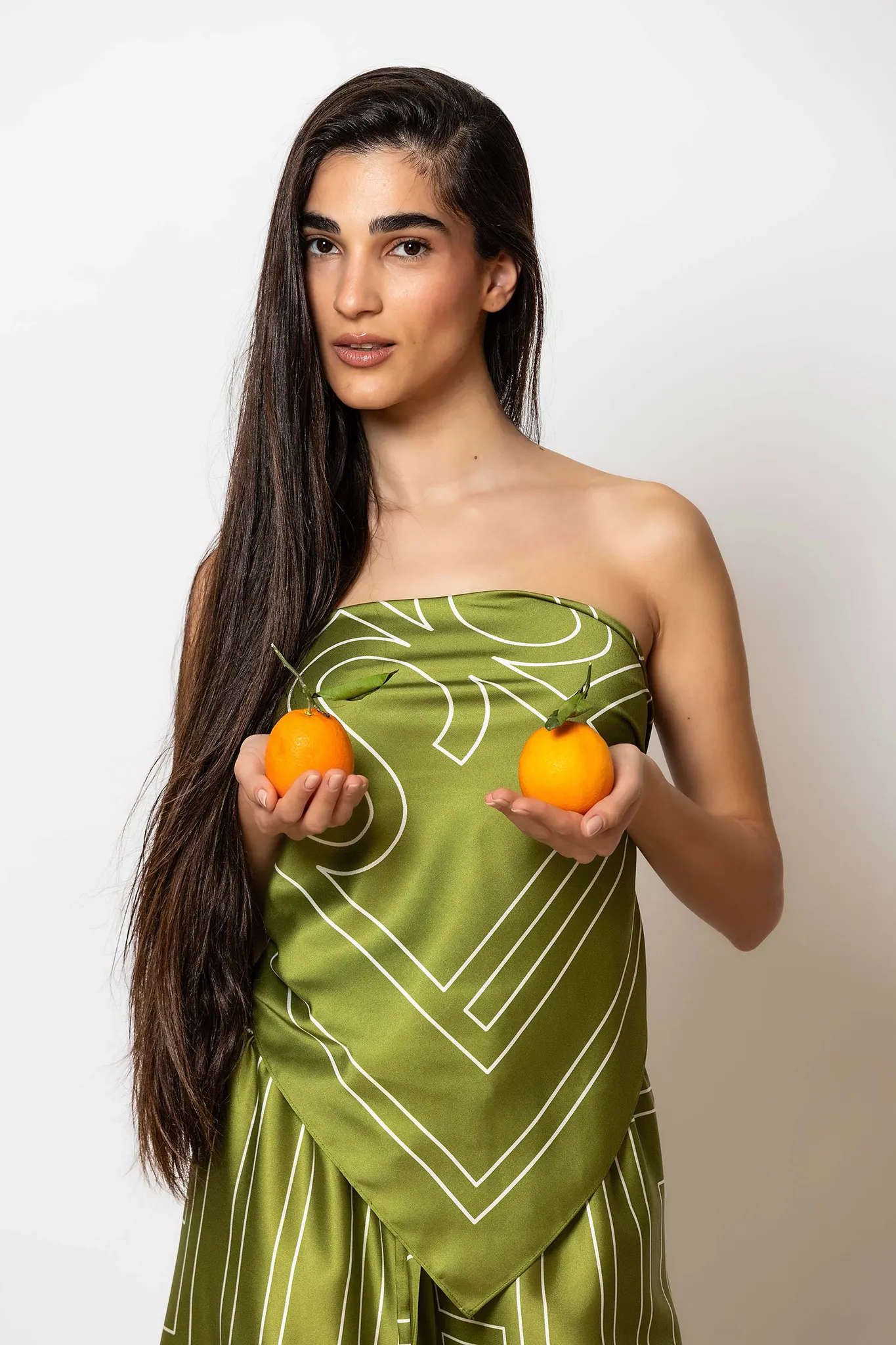 LSF-2589002-39 (2) Less Sonder Feeling Satin Print Scarf in Olive 2589002